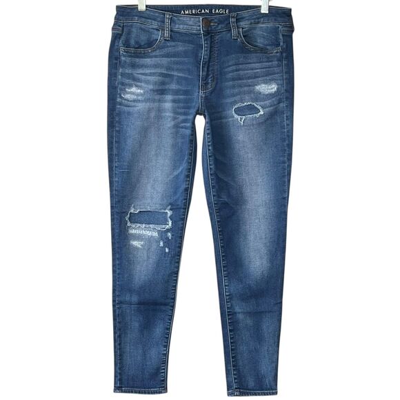 American Eagle Jegging Super Stretch Size 12 Medium Wash Distressed Patches AE - Picture 1 of 9